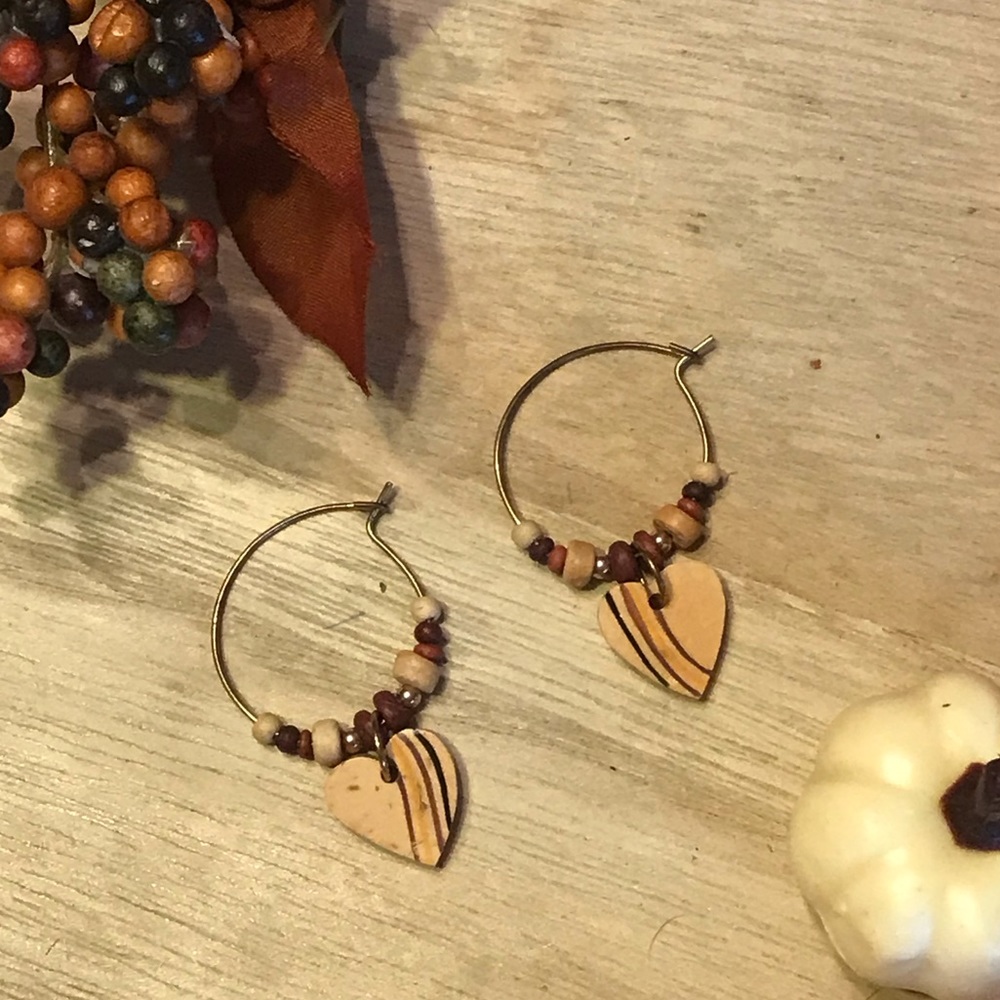 Wooden Beaded Heart Earrings
